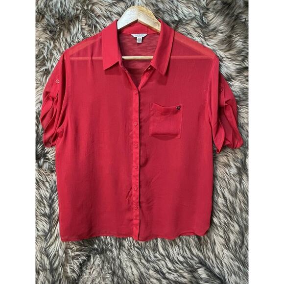 Guess Red Sheer Women's Button Up Shirt‎ Blouse Size M - Picture 1 of 5